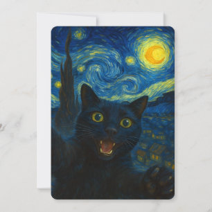 Black Cat Starry Night Van Gogh Cat Selfie  Invitation