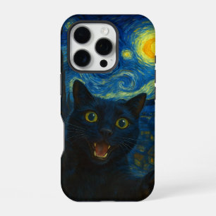 Black Cat Starry Night Van Gogh Cat Selfie iPhone 16 Pro Case