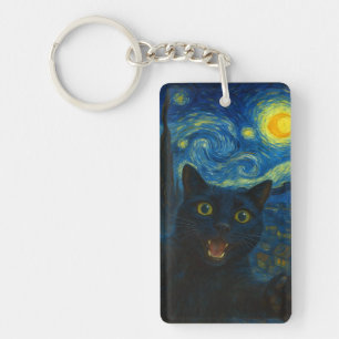 Black Cat Starry Night Van Gogh Cat Selfie  Key Ring