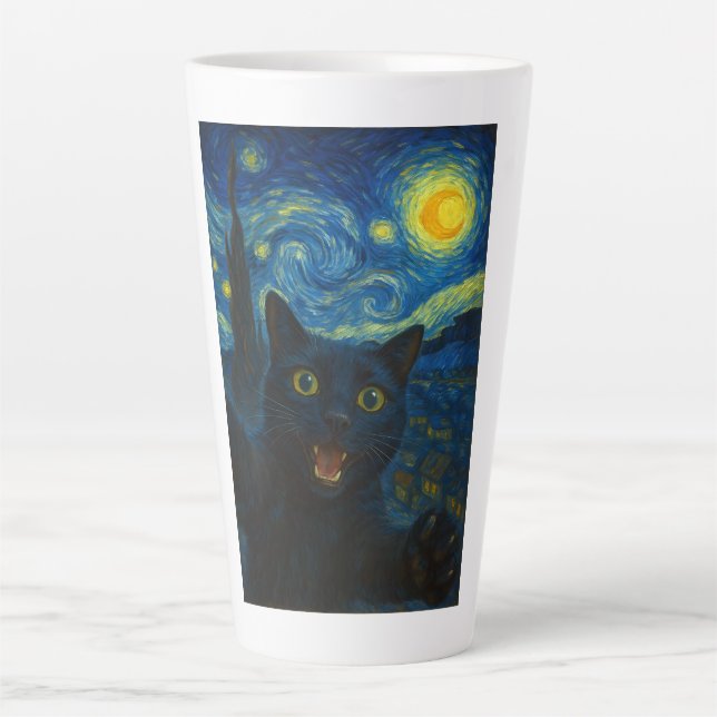 Black Cat Starry Night Van Gogh Cat Selfie  Latte Mug (Front)