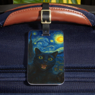Black Cat Starry Night Van Gogh Cat Selfie  Luggage Tag