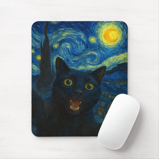Black Cat Starry Night Van Gogh Cat Selfie  Mouse Mat (With Mouse)