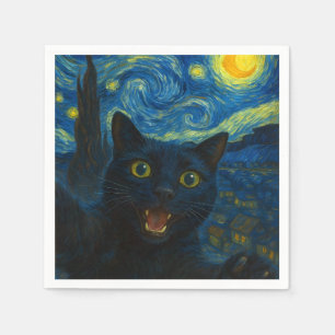 Black Cat Starry Night Van Gogh Cat Selfie Napkin