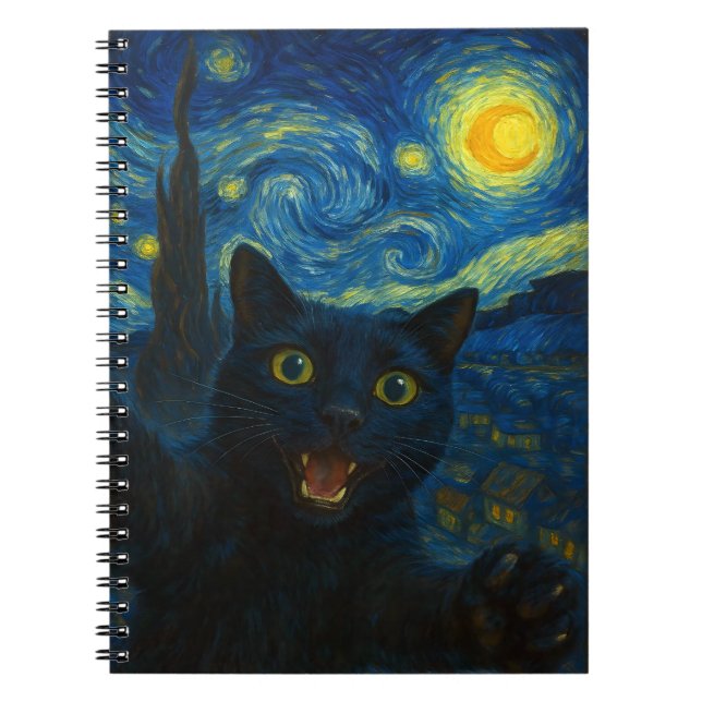 Black Cat Starry Night Van Gogh Cat Selfie  Notebook (Front)