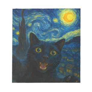 Black Cat Starry Night Van Gogh Cat Selfie  Notepad