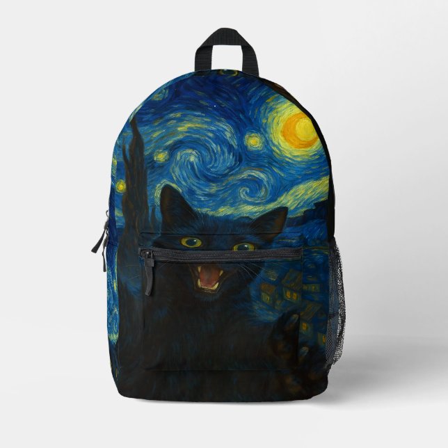 Black Cat Starry Night Van Gogh Cat Selfie  Printed Backpack (Front)