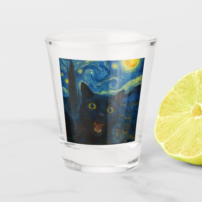 Black Cat Starry Night Van Gogh Cat Selfie  Shot Glass (Front)