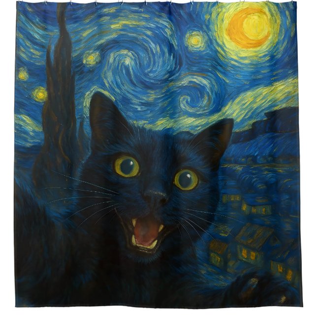 Black Cat Starry Night Van Gogh Cat Selfie  Shower Curtain (Front)