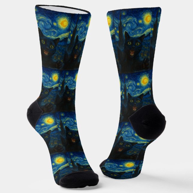 Black Cat Starry Night Van Gogh Cat Selfie  Socks (Angled)