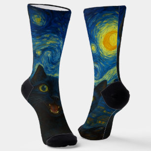 Black Cat Starry Night Van Gogh Cat Selfie  Socks