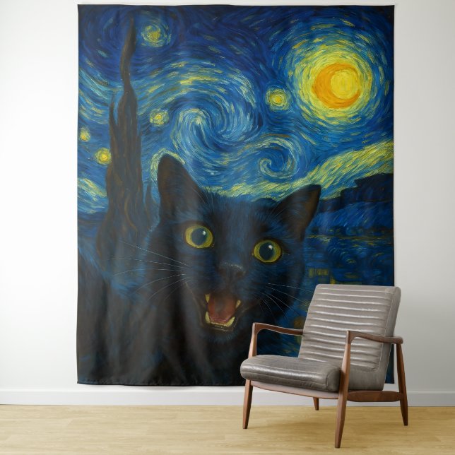 Black Cat Starry Night Van Gogh Cat Selfie  Tapestry (In Situ)