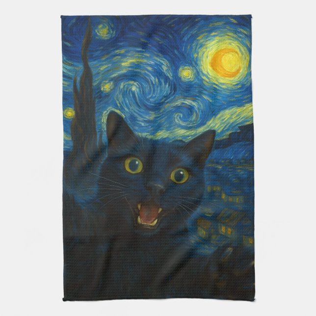 Black Cat Starry Night Van Gogh Cat Selfie  Tea Towel (Vertical)