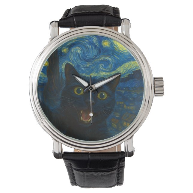 Black Cat Starry Night Van Gogh Cat Selfie  Watch (Front)