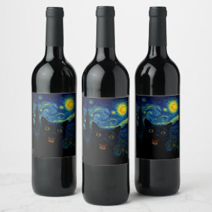Black Cat Starry Night Van Gogh Cat Selfie Wine Label
