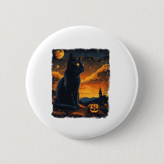 Black Cat Starry Night Van Gogh Pumpkins Bats Hall 6 Cm Round Badge (Front)