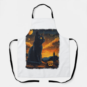 Black Cat Starry Night Van Gogh Pumpkins Bats Hall Apron