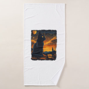 Black Cat Starry Night Van Gogh Pumpkins Bats Hall Bath Towel