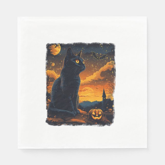 Black Cat Starry Night Van Gogh Pumpkins Bats Hall Napkin (Front)