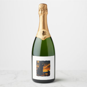 Black Cat Starry Night Van Gogh Pumpkins Bats Hall Sparkling Wine Label