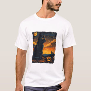 Black Cat Starry Night Van Gogh Pumpkins Bats Hall T-Shirt
