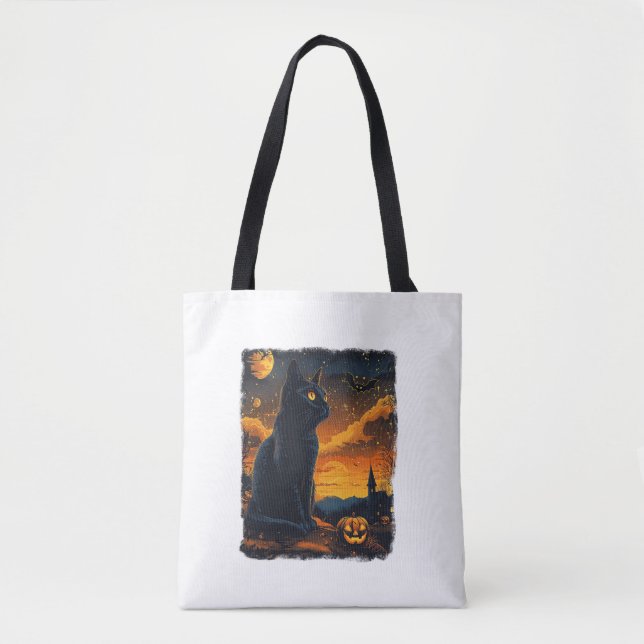 Black Cat Starry Night Van Gogh Pumpkins Bats Hall Tote Bag (Front)