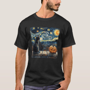 Black Cat Starry Night Van Gogh Pumpkins Fun Hallo T-Shirt