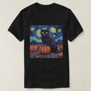 Black Cat Starry Night Van Gogh Style Art Pumpkin  T-Shirt