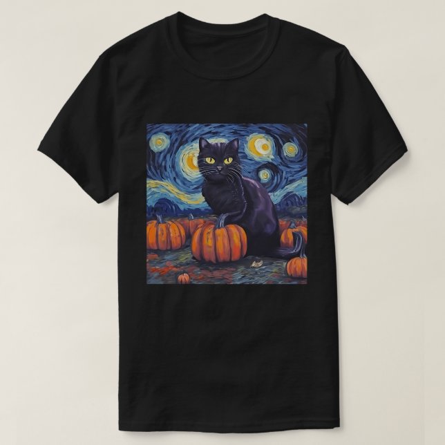 Black Cat Starry Night Van Gogh Style Art Pumpkin  T-Shirt (Design Front)