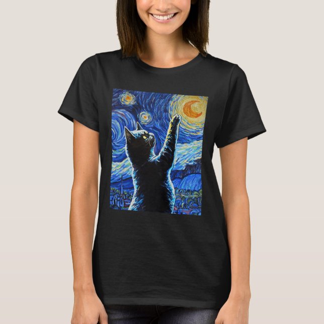 Black Cat Starry Night Vincent Van Gogh Halloween  T-Shirt (Front)