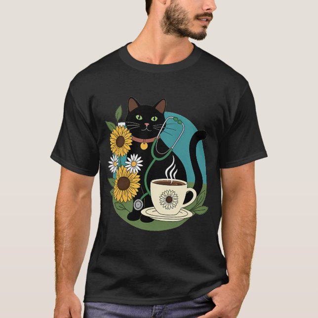 Black Cat Stethoscope Coffee Cup Gift T-Shirt (Front)