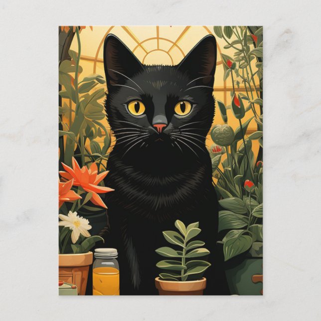 Black Cat Still Life Poses in Flowers Painting Postcard (Front)