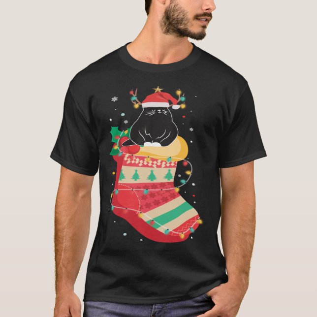 Black Cat Stockings Clothing Cool  Holiday Christm T-Shirt (Front)