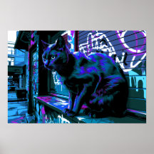 Black Cat Street Punk Neon Design Poster Print