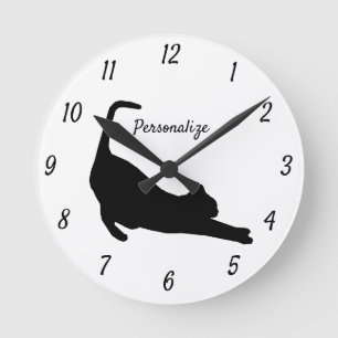 Black Cat Stretching Cat Lovers Round Clock