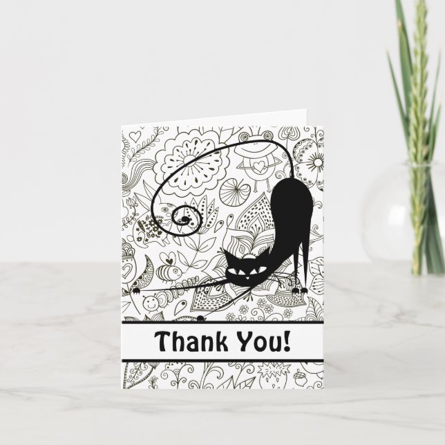 Black Cat Stretching with Black and White Flowers Thank You Card (Front)