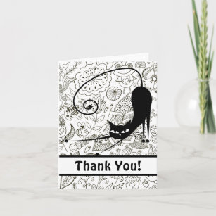 Black Cat Stretching with Black and White Flowers Thank You Card