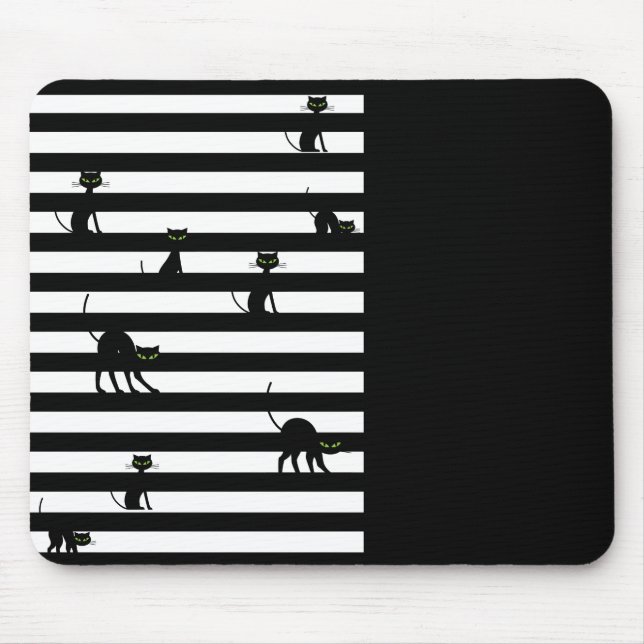 Black Cat & Stripes Color Block Black Mouse Mat (Front)