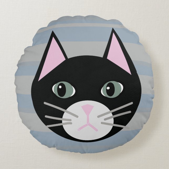 Black Cat, Stripes Round Cushion (Front)