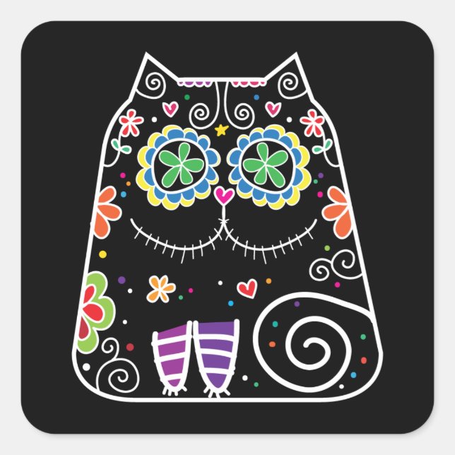 Black Cat Sugar Skull Square Sticker (Front)