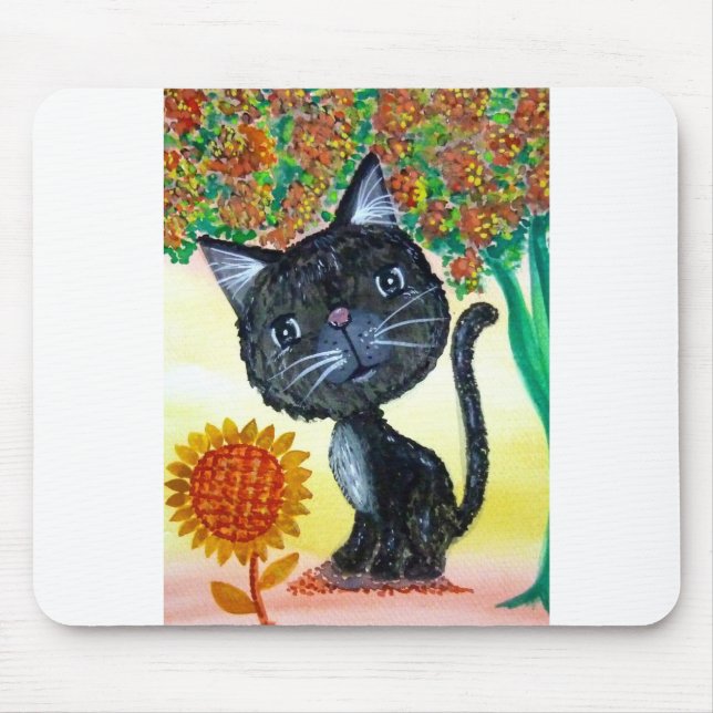 Black cat sunflower flower tree watercolor mouse mat (Front)
