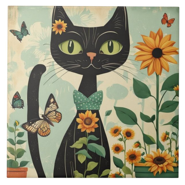 Black cat, sunflowers, butterflies, native art tile (Front)