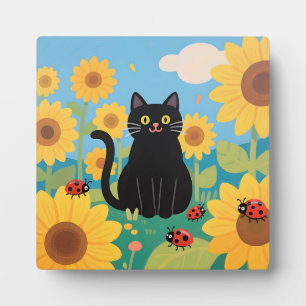 Black Cat Sunflowers Ladybugs Plaque