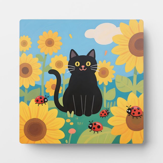 Black Cat Sunflowers Ladybugs Plaque (Front)