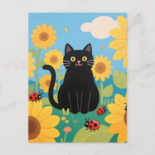 Black Cat Sunflowers Ladybugs Postcard