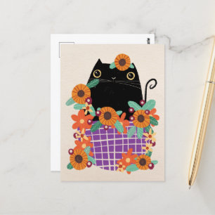 Black cat & sunflowers postcard