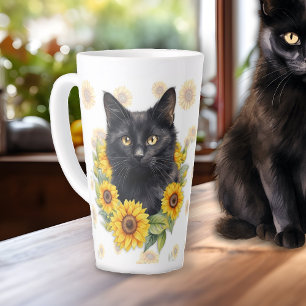 Black Cat Sunflowers Saying Latte Mug