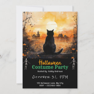 Black Cat Sunset Autumn Fall Town Black Halloween Invitation