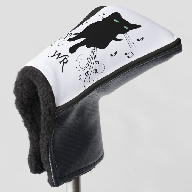Black Cat Surrounded by Notes of Music Monogram Golf Head Cover (3/4 Front)