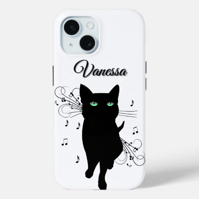 Black Cat Surrounded by Notes of Music Personal Case-Mate iPhone Case (Back)