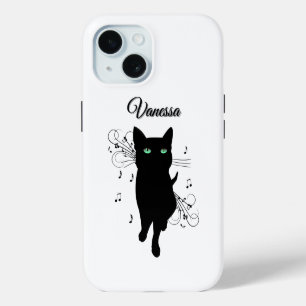 Black Cat Surrounded by Notes of Music Personal iPhone 15 Case
